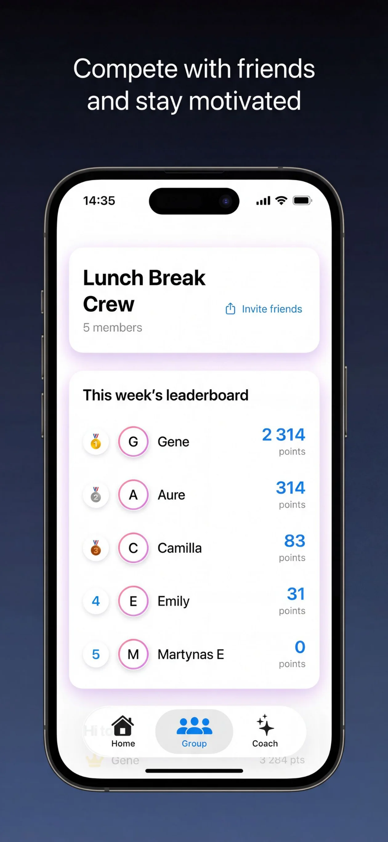 Competo screenshot: daily rings dashboard